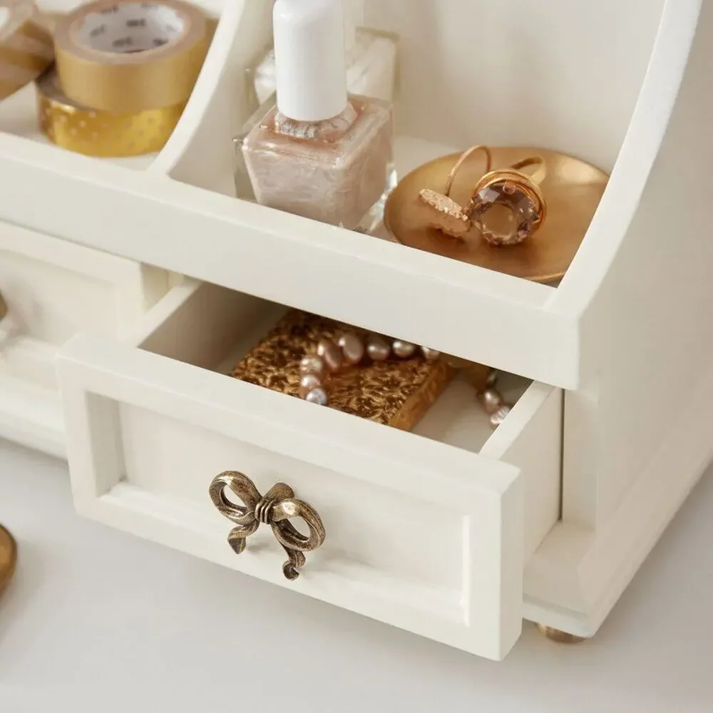 LoveShackFancy Regency Beauty Organizer White Gold Bow 3 Drawers Makeup Holder